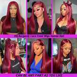 26 36 Inch 99J Colored 13x6 Lace Front Human Hair Wig Straight Burgundy 13x4 HD Transparent Lace Frontal Wigs Red Wigs For Women