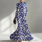 Sexy O Neck Floral Print Long Maxi Dress Woman 2026 Spring High Waist Slim Draped Party Dress Fall Long Sleeve A-Line Boho Dress