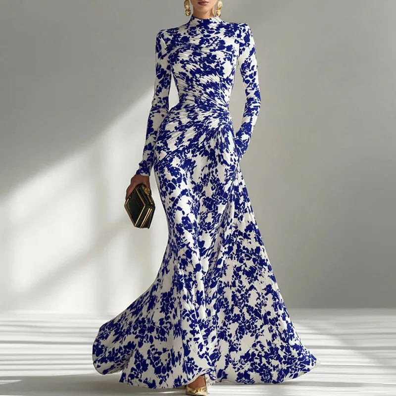 Sexy O Neck Floral Print Long Maxi Dress Woman 2026 Spring High Waist Slim Draped Party Dress Fall Long Sleeve A-Line Boho Dress