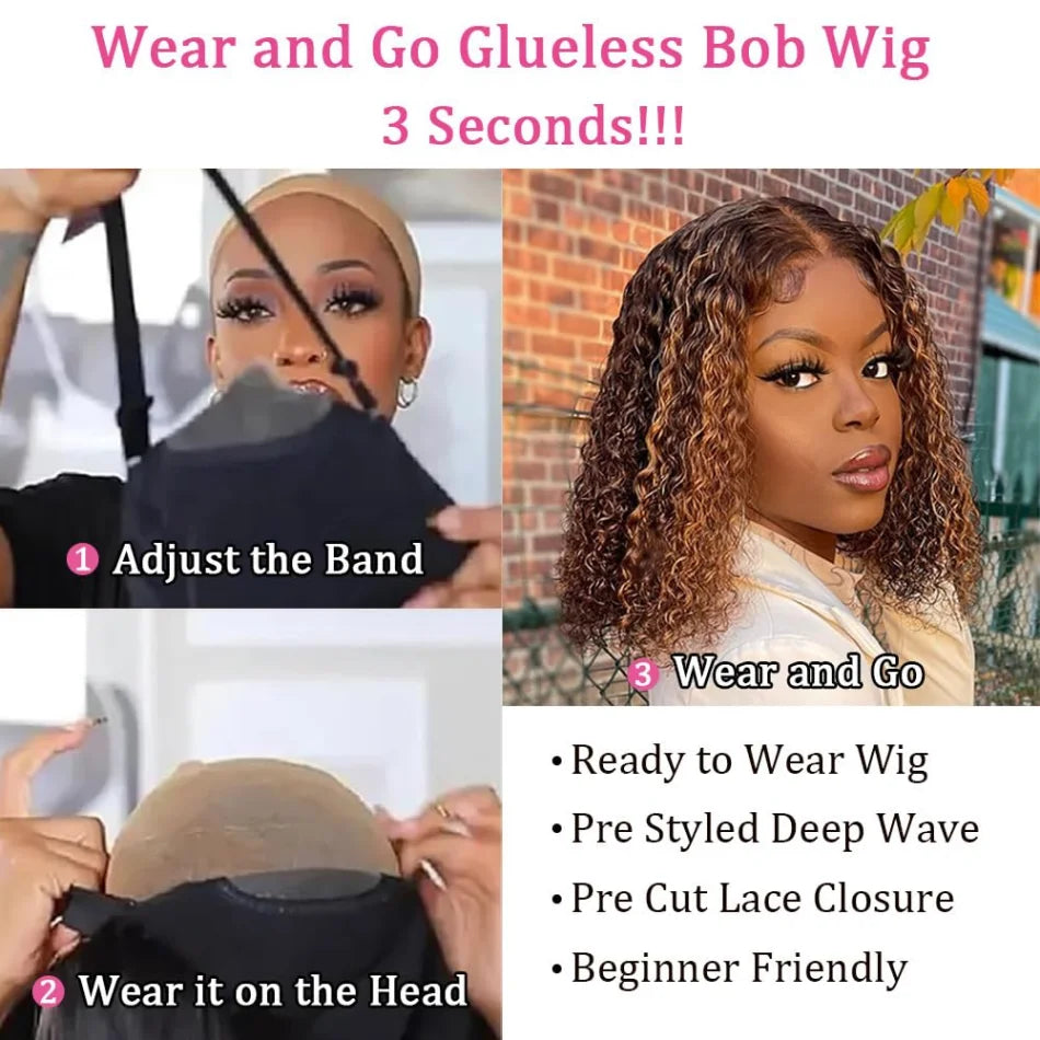 Highlight Ombre Bob Wig Human Hair Curly Short 5X5 Hd Lace Closure Wig