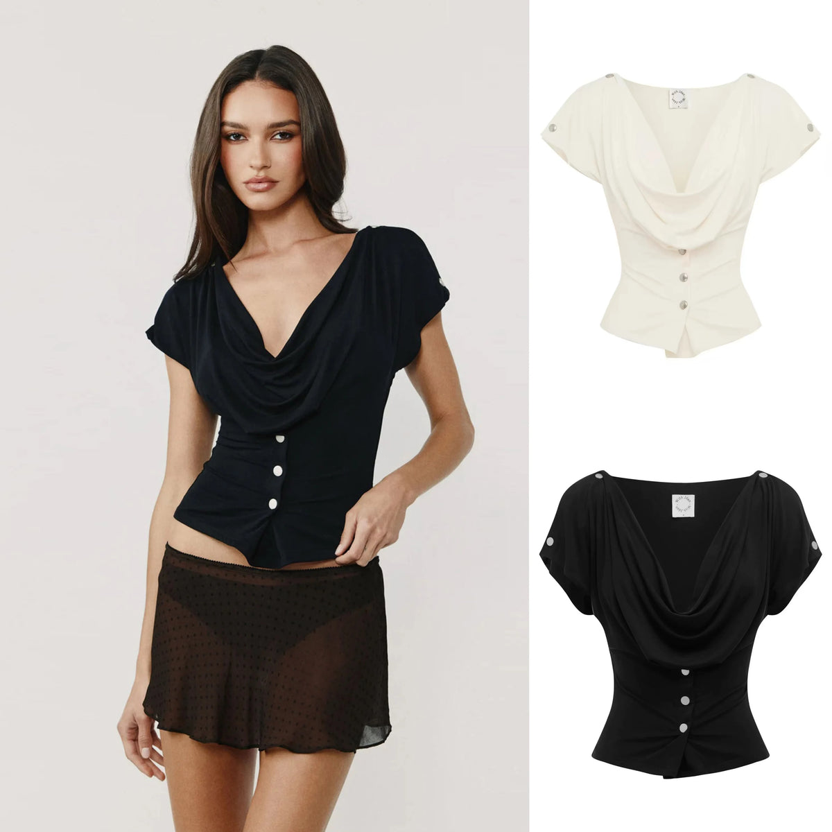With Jen Off-the-Shoulder Black T-Shirt With a Round Neckline and a Fitted Waist, Featuring an Irregular Cut and Short Sleeves.