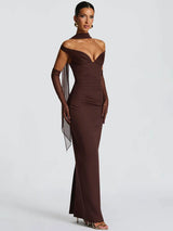 Mozision Scarf Collar Off-shoulder Sexy Maxi Dress Women Gown Fashion With Sleeve Strapless Backless Club Party Long Dresses
