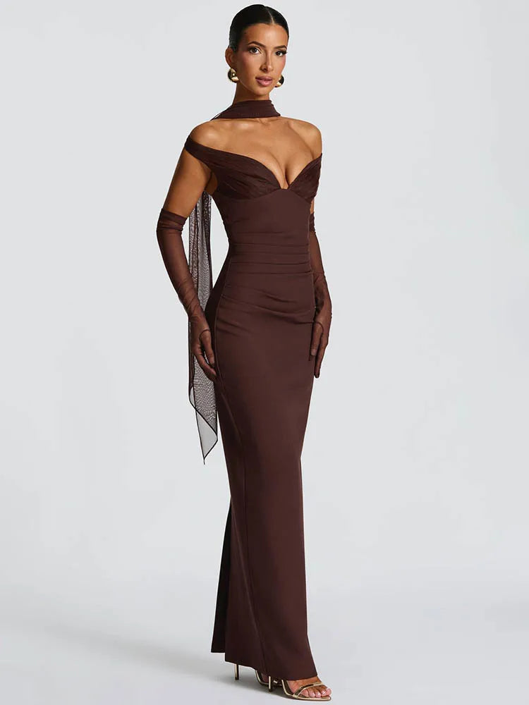 Mozision Scarf Collar Off-shoulder Sexy Maxi Dress Women Gown Fashion With Sleeve Strapless Backless Club Party Long Dresses