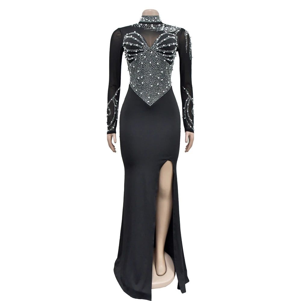 HBLL Women Long Sleeve Birthday Dresses Sexy Hot Diamond Process Pearl Beading Sexy See Through Dress Party Club Night Dress