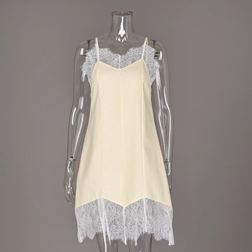 Linad Sexy Lace Spaghetti Strap Short Dress Summer Street Chic Cotton Straight Dresses Women Casual Sleeveless Dress Female 2025