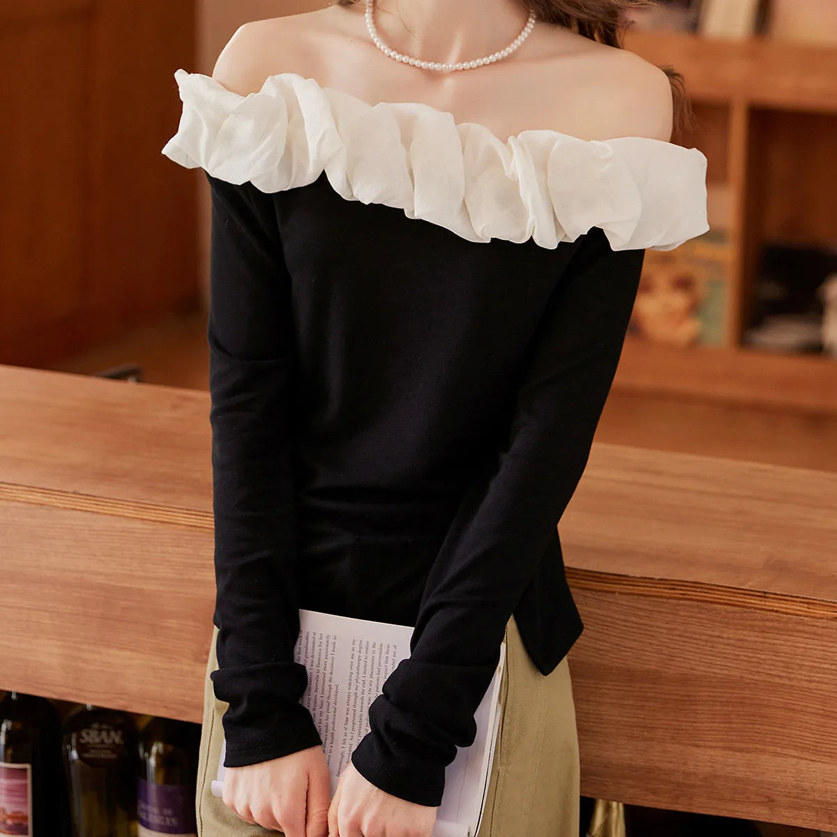 LOUIS YAO Slim Women's T-shirt 2025 Spring/Autumn Romantic French Elegance Color Contrasting Flower Bud Edge One Shoulder Tees