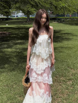 Chic Lace Patchwork Layered Sling Dress Women Sleeveless A-line Long Dresses Female Sweet Elegant Summer Party Lady Vestidos