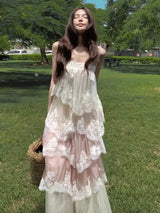 Chic Lace Patchwork Layered Sling Dress Women Sleeveless A-line Long Dresses Female Sweet Elegant Summer Party Lady Vestidos