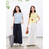 VIMLY Women's Casual Knit Short Sleeve T-shirt 2026 Summer New Blue Crew Neck Button Down Flutter Sleeve Minimalist Top 30935