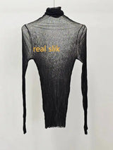 DEAT Causal Mulberry Silk Gauze Perspective Turtleneck Solid Color Long Sleeve Slim Pullover Women's Top 2026 Autumn New 15DZ362