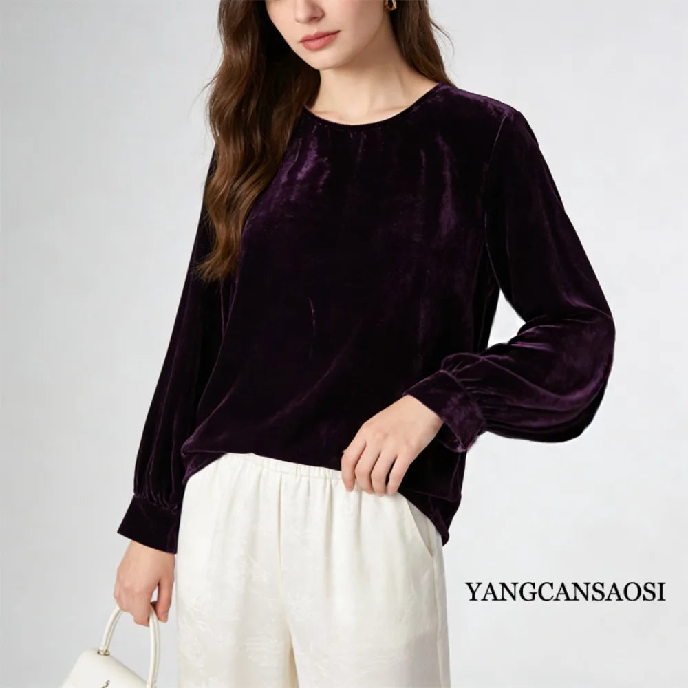2026 Women's Fashion Spring New Clothing 30% Natural Mulberry Silk Velvet Round Neck Long Sleeve Solid Color Versatile T-shirt