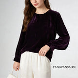 2026 Women's Fashion Spring New Clothing 30% Natural Mulberry Silk Velvet Round Neck Long Sleeve Solid Color Versatile T-shirt