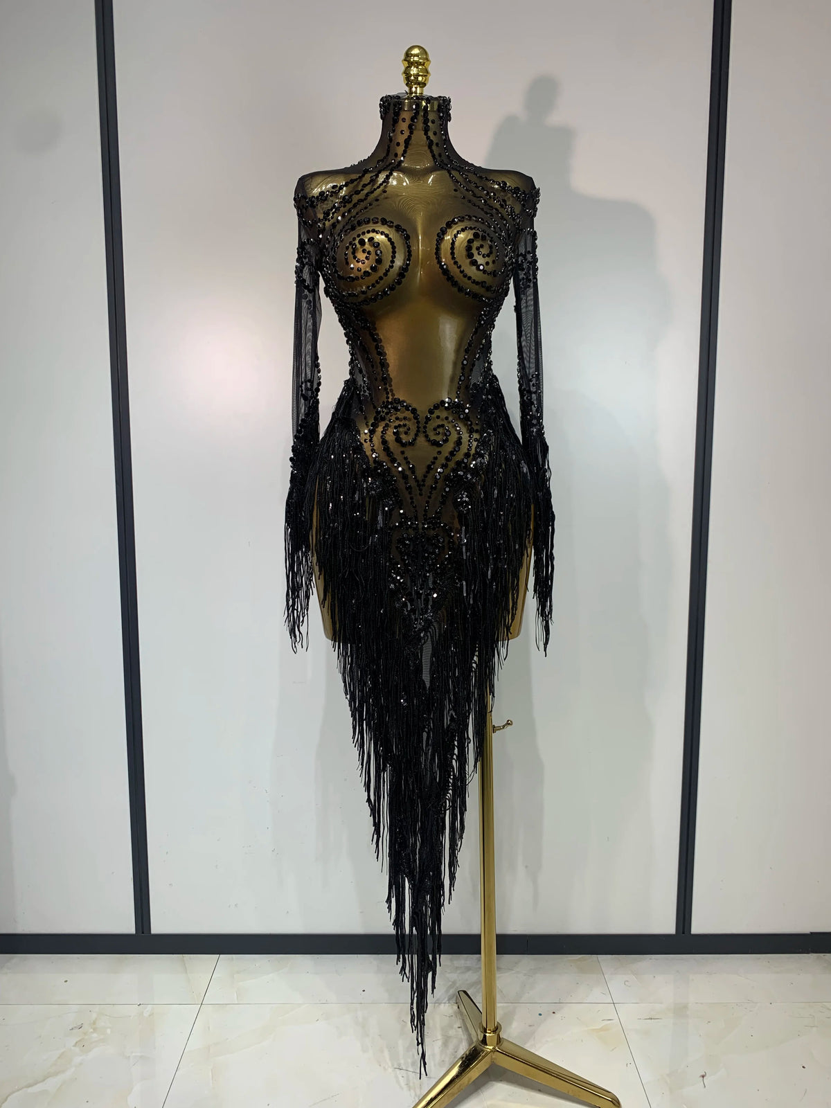 Sparkly Rhinestones Sequins Fringes Birthday Celebrate Evening Dress Women Sexy Mesh Transparent Dance Costume Photo Shoot Wear