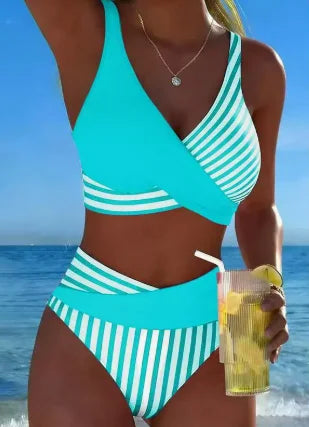 V Neck Tank Swimwears High Waist Bikini Summer Beach Bathing Suit Swimsuit Women Vertical Stripe Patchwork Bikini Set Wrap Front