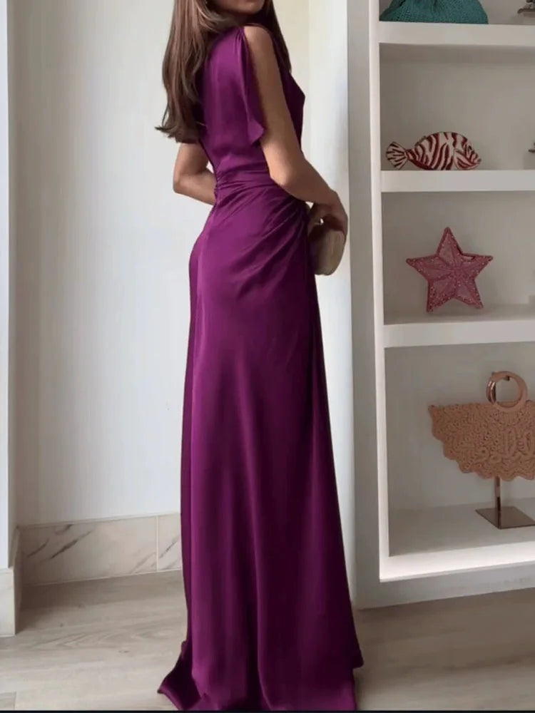 Casual O-neck Draped Gowns Dress Elegant Hight Waist Slim Fit Evening Dress Vestidos Women Fashion Temperament Solid Long Dress