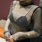 Glittering Mesh Diamond Hollow Out T Shirts Sexy Long-Sleeved Turtleneck Women Hollow Sequined Shirt Party Clubwear Wholesale