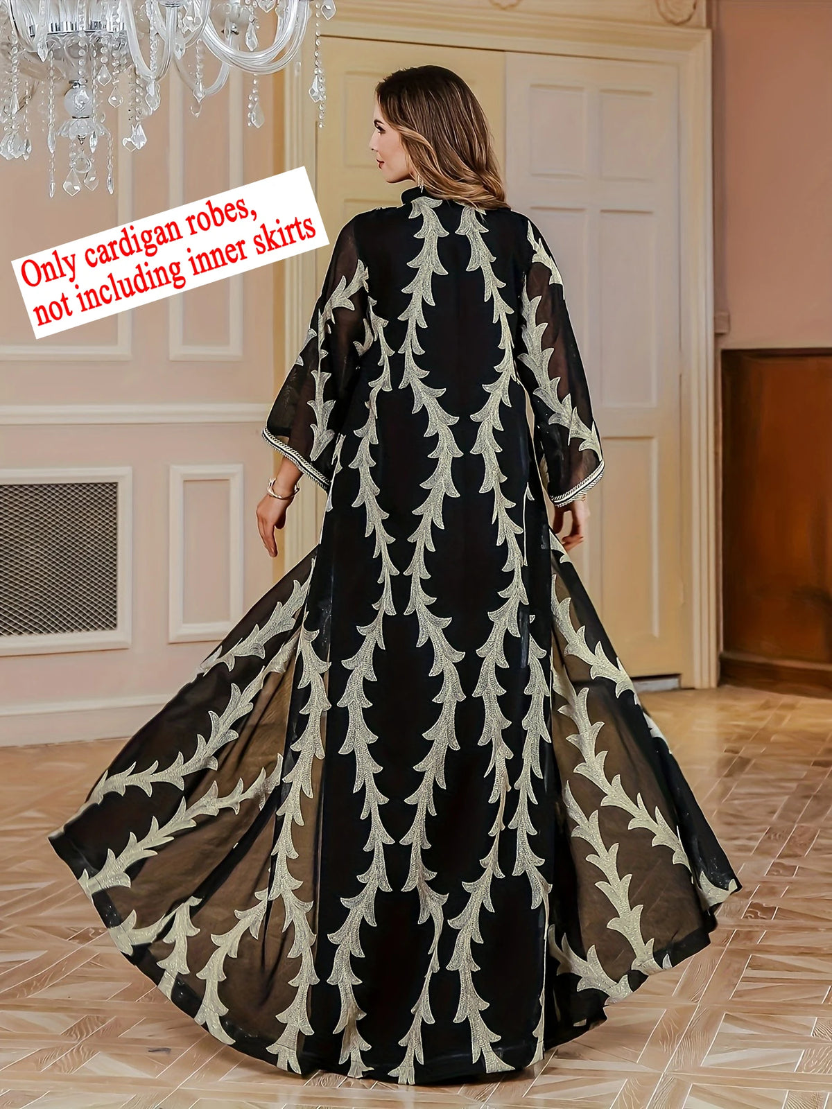 Middle East Women's Beaded Embroidery Long Robe Muslim Open Front Mesh Cover up Dubai Saudi Traditional Long Sleeve Dress