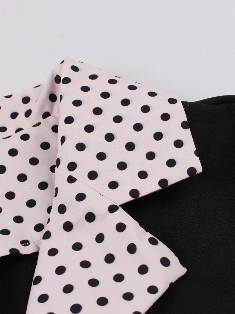 Tonval Black and Polka Dot Vintage Pleated Dresses Notched Collar 2025 Elegant Summer Women Short Sleeve Belted 50s Retro Dress