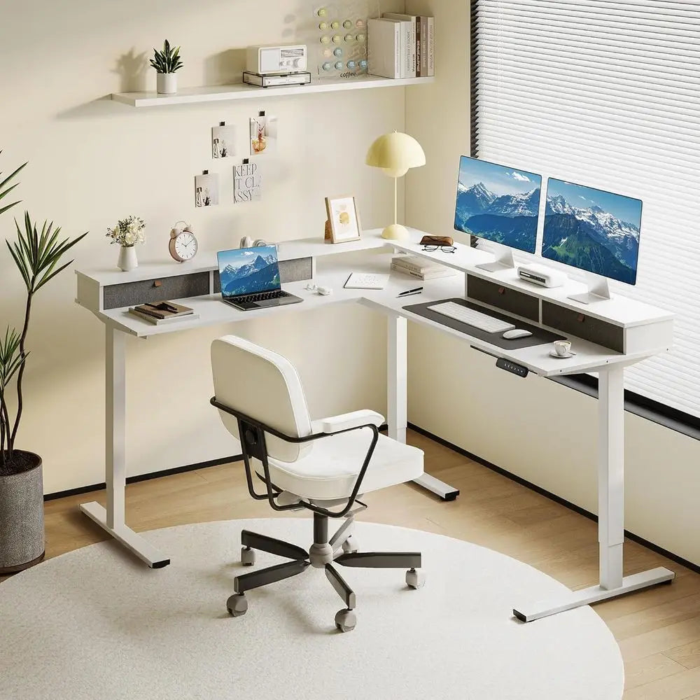 71 Adjustable Height L-Shaped Desk, White Top, with 4 Drawers and Monitor Stand for Gaming and Standing Work