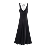HH Women's Solid Vacation Style Satin Texture Backless V-neck Midi Dress Summer Female Elegant Sexy Lace-up Strap Dress