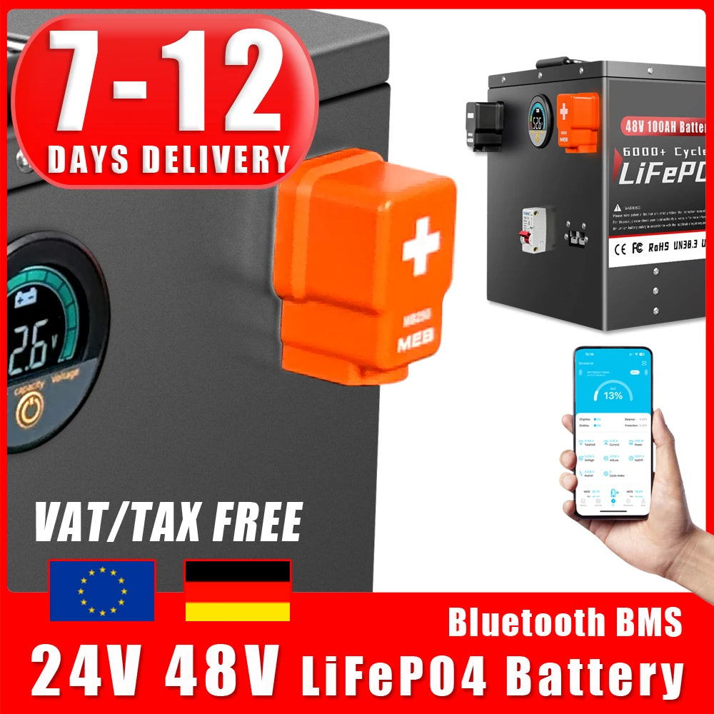 24V 48V 100Ah 200Ah LiFePO4 Battery Pack With Bluetooth BMS 6500+ Cycles For Home Soalr RV PV Inverters Boat Golf Cart