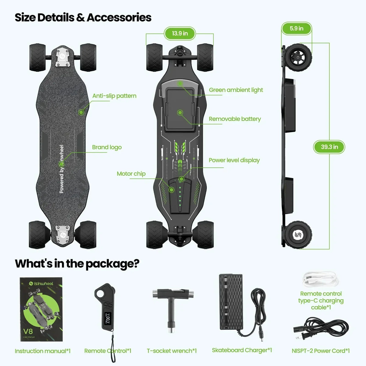 Isinwheel V8 Adult Electric Scooter 37V 5Ah Battery 600W*2 Dual Motor f-road wheels E-skateboard E-scooter