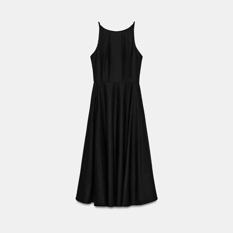 Chic Elegant Black Midi Dress Sleeveless A-line Classic Women's Dresses Timeless Summer Casual Office Trendy Timeless Outfit
