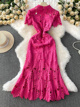 Ele Hollow out Lace Stand Collar Dr Women's Summer Faionable Fi Tail Gown Svel High Waist A-Line Skirt