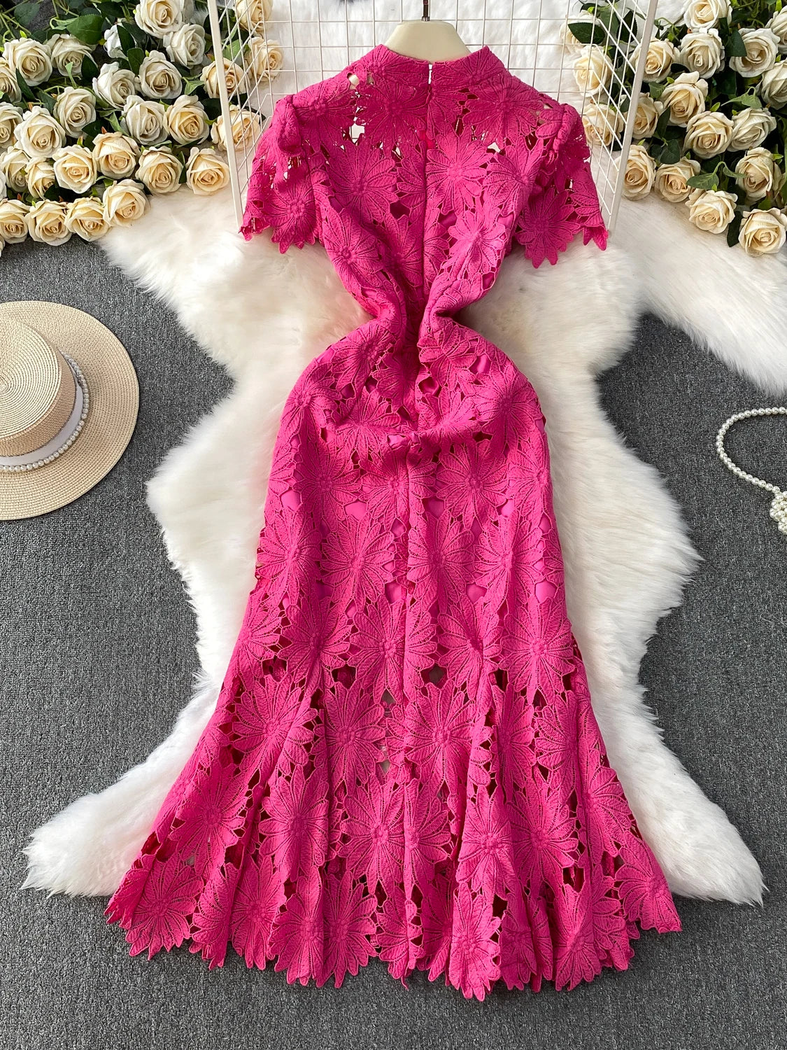 Ele Hollow out Lace Stand Collar Dr Women's Summer Faionable Fi Tail Gown Svel High Waist A-Line Skirt