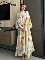 Elegant Long Print Women Dress Vacation Stand Collar Full Flare Sleeve Waist-cinching Female Dresses 2026 Summer Lady Robe New