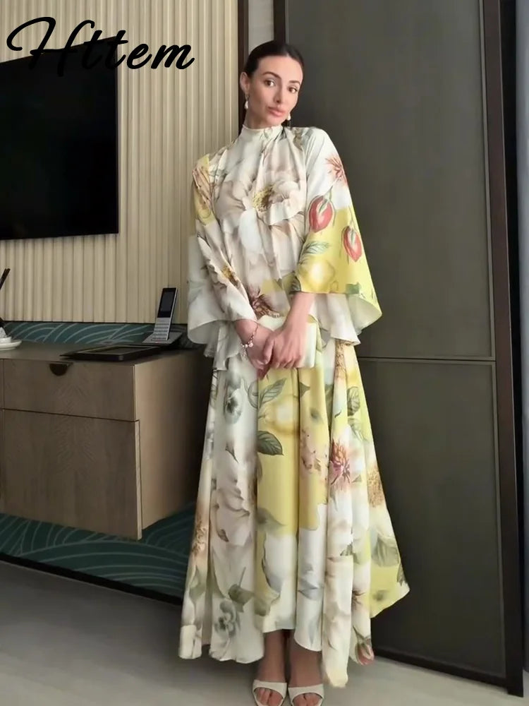 Elegant Long Print Women Dress Vacation Stand Collar Full Flare Sleeve Waist-cinching Female Dresses 2026 Summer Lady Robe New