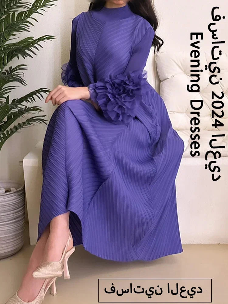 YUDX Luxury Purple Miyake Pleated High Neck Maxi Evening Dress, Ruffle Sleeve Women's Wedding Guest Ramadan Party Dress 2026 New