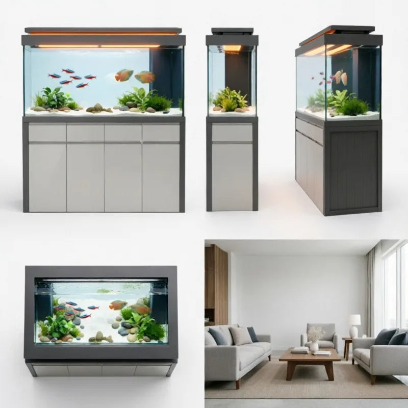 All-in-One AquariumLuxurious Rectangular Saltwater Fish Tank Aquarium With Aluminum Frame And Cabinet. Environmentally Friendly.