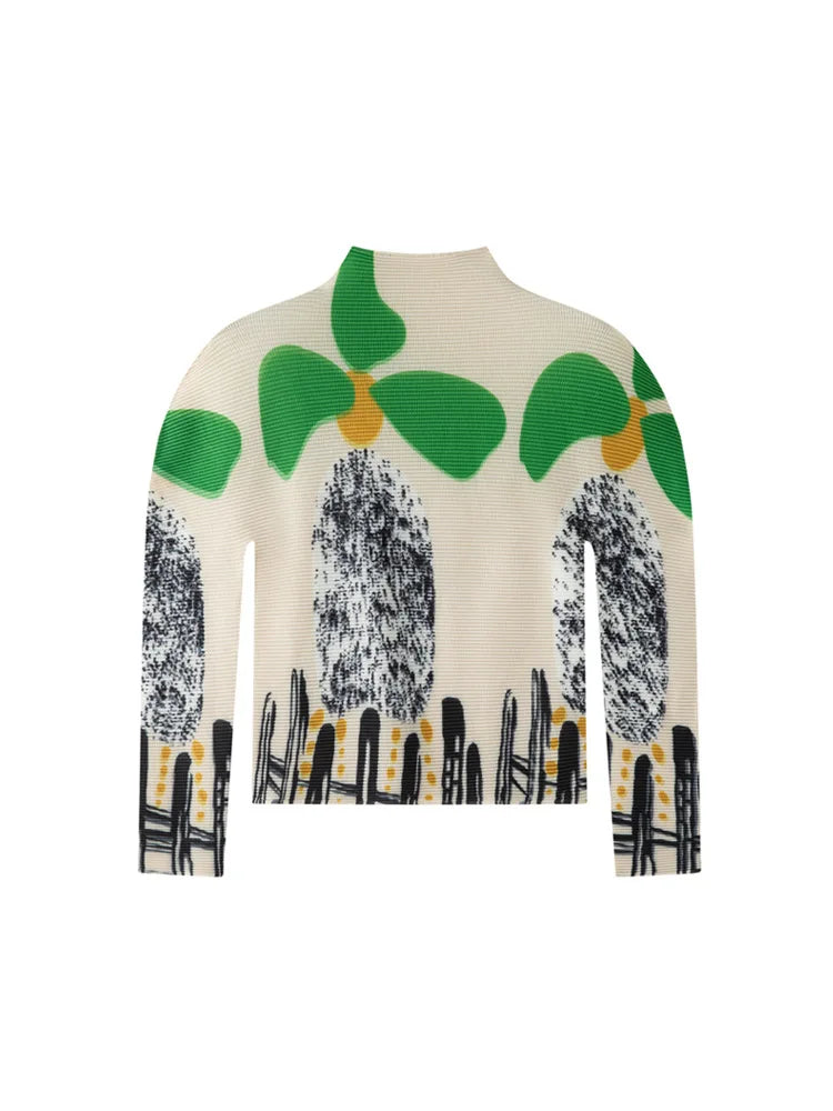 Miyake Pleated T-Shirt Plisse Unique Printed Long-Sleeve Pleats Top Spring/Summer 2026 Slightly High-Necked Fitted Fold T-Shirt
