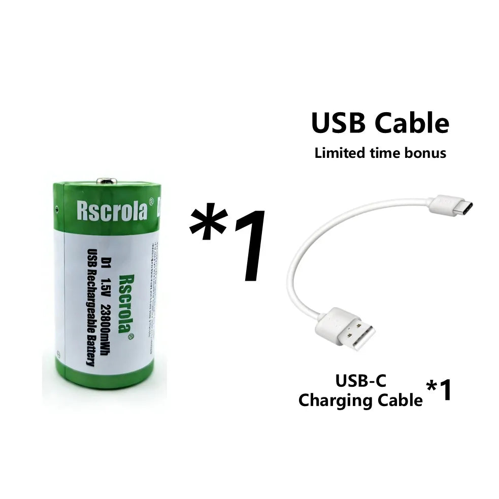 USB D Li-ion Rechargeable Batteries, High Capacity 1.5V 23800mWh Rechargeable D Battery, 4 H Fast Charge with Type C Port Cable
