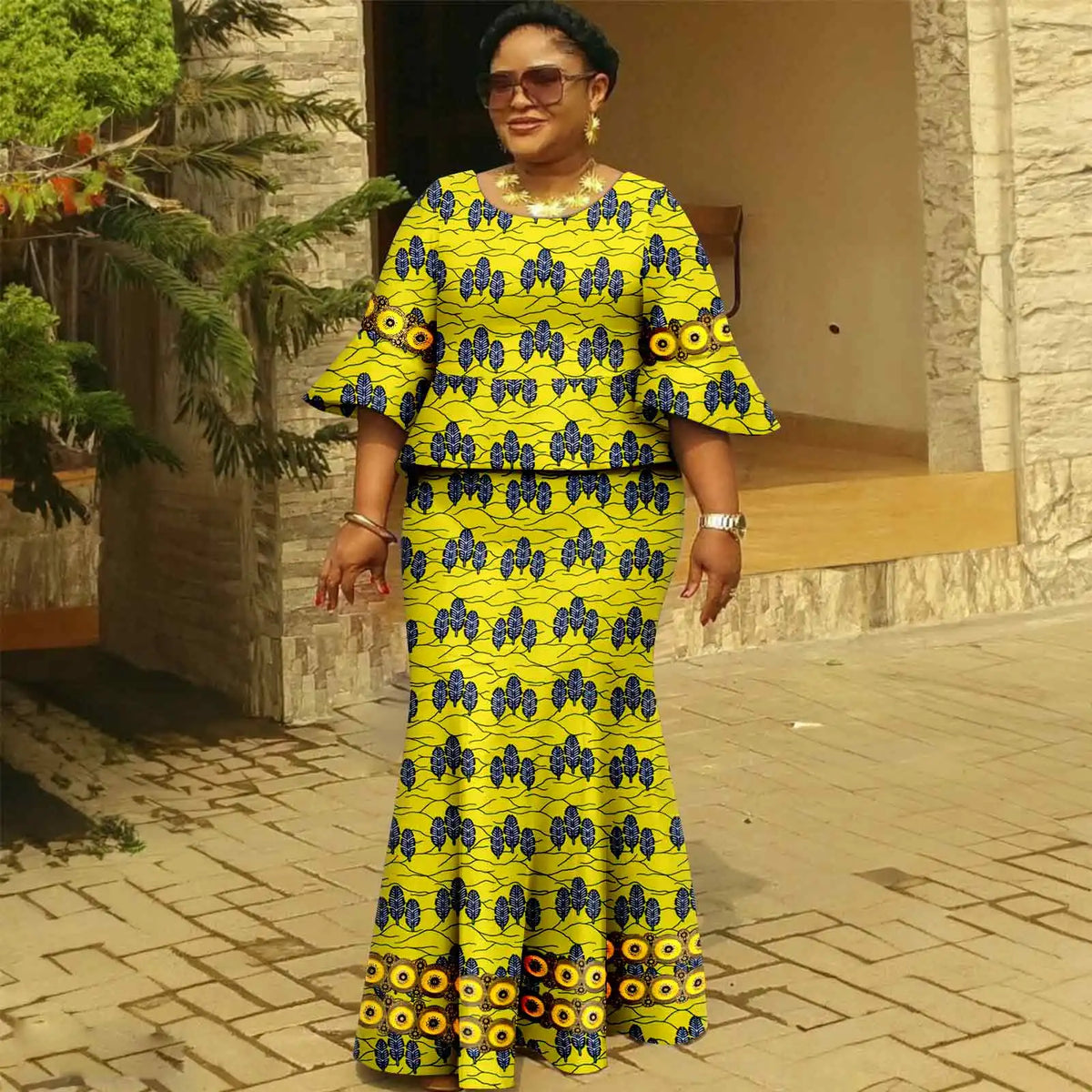 Afripride African Dresses for Woman Customized Loose Gold Ankara Printed Two Piece Flared Sleeve Fishtail Hem Dress 2425046
