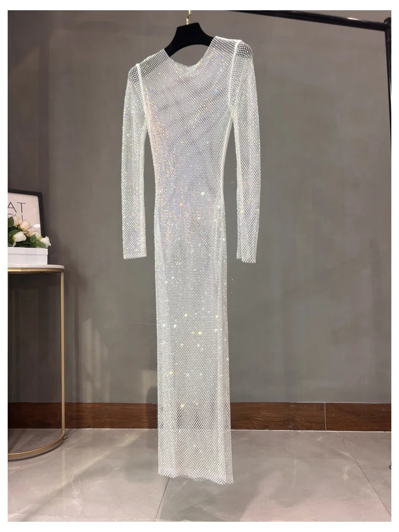 Club Apparel Sexy Rhinestone Dresses Long Sleeve Extra Diamond Dress