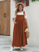 GIBSIE Plus Size Solid Tie Shoulder Overalls Dress For Women 2026 Summer Casual Loose Sleeveless Maxi Long Dresses with Pockets