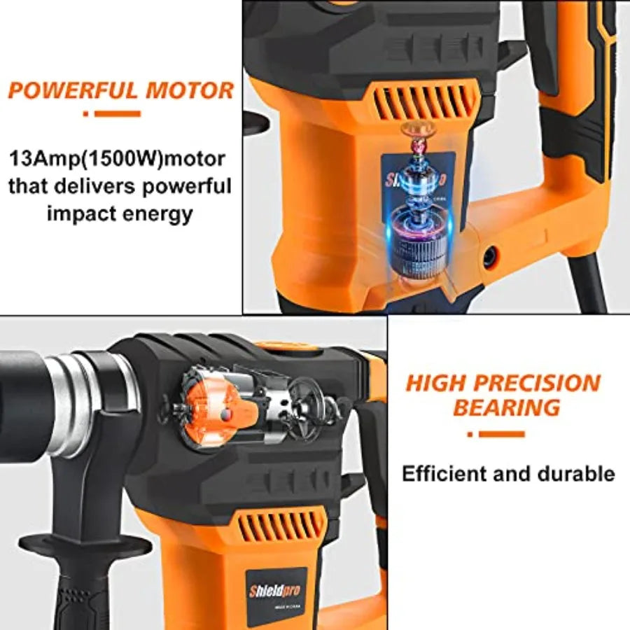1-1/4 Inch SDS-Plus 13 Amp Rotary Hammer Drill with Heavy Duty Safety Clutch 3 Function Operation Advanced Vibration