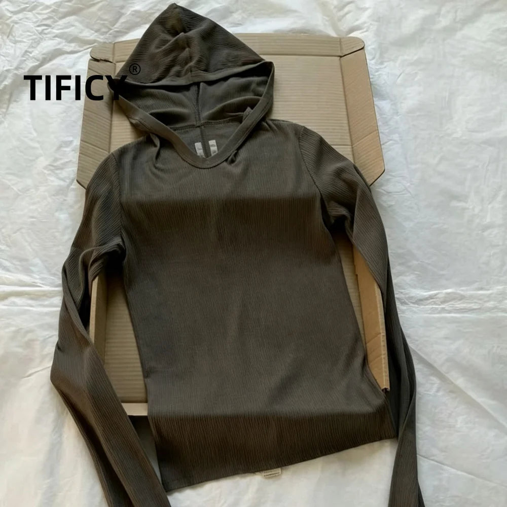 High Street Hooed T-shirt Women's Dark RO Spring New Item Micro Transparent Ribbed Knitted Base Hooded Long Sleeved Tshrts