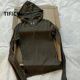High Street Hooed T-shirt Women's Dark RO Spring New Item Micro Transparent Ribbed Knitted Base Hooded Long Sleeved Tshrts