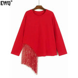 [EWQ] Korean Style Unique Design Beaded Tassel T-Shirt Long Sleeve Beautiful Pullover All Match T Shirt For Women Autumn New