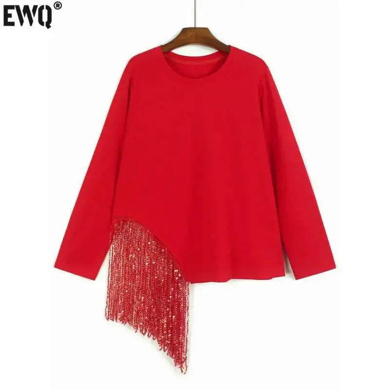 [EWQ] Korean Style Unique Design Beaded Tassel T-Shirt Long Sleeve Beautiful Pullover All Match T Shirt For Women Autumn New