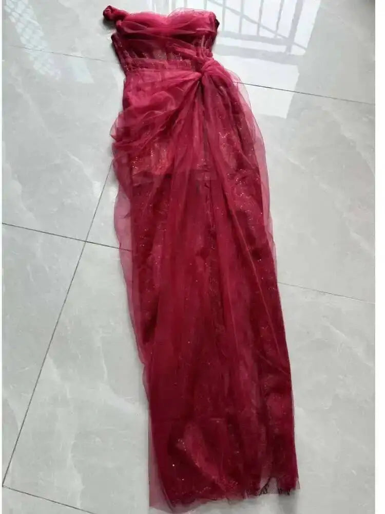 DEAT 2026 mesh dress for vacation,single straps high waist long vestido,pullover sheer fake two pieces party dresses