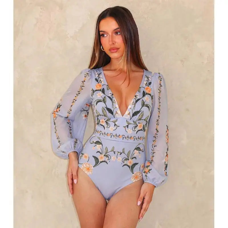 Flaxmaker Women Swimsuit Sets 2026 Summer V Neck Long Sleeves Printed Beachwear Ladies Party Swimwear Biquini conjunto de