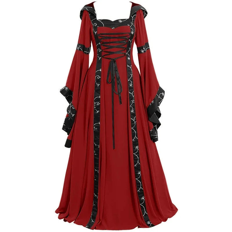 Vintage Medieval Maxi Dress for Women Gothic Bandage Flare Sleeve Floor Length Dress Lady Elegant High Waist Square Neck Dresses