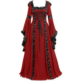 Vintage Medieval Maxi Dress for Women Gothic Bandage Flare Sleeve Floor Length Dress Lady Elegant High Waist Square Neck Dresses