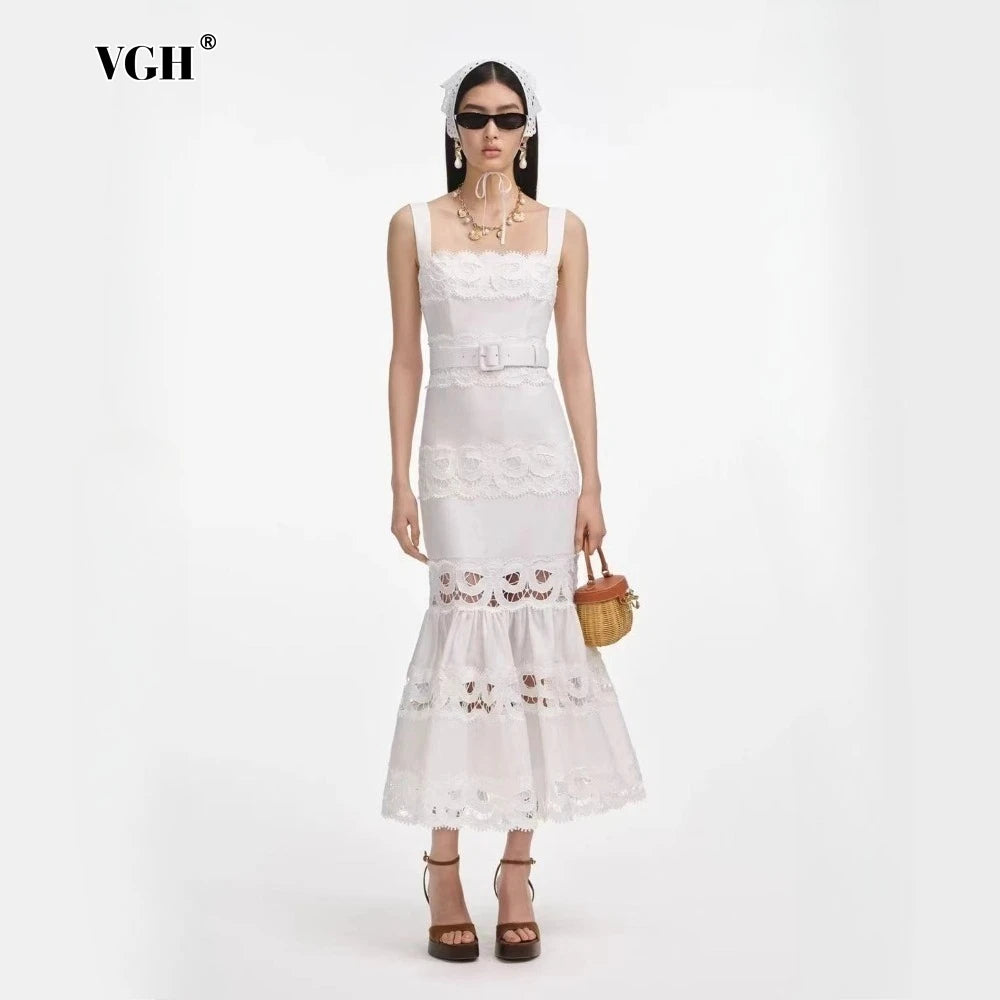VGH Solid Elegant Spliced Hollow Out Dress for Women Square Collar Sleeveless Patchwork Sashes High Waist Bodycon Dresses Female
