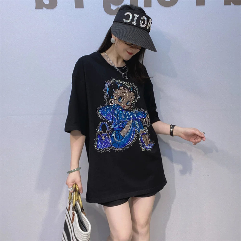 Casual Versatile Short Sleeve T-Shirt Women's Heavy Rhinestone Black Loose Fit Summer Top Breathable Cotton round Neck Sweats...