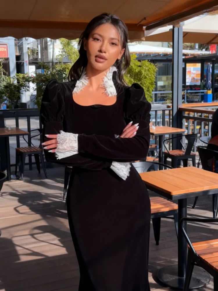 Lace Patchwork Velvet Long Dress Women Black Full Sleeves Waist Cinching Slim Maxi Dresses 2026 Lady Evening Party Vestidos New